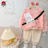 Pink Pocket Rabbit Printed Kids Winter Track Suit Fabric Fleece