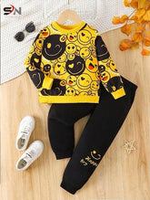Yellow Multi Emojis Kids Winter Track Suit Fabric Fleece