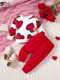 Red multi  heart printed winter kids track suit fabric fleece