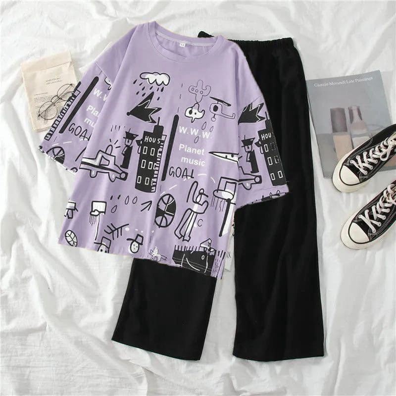 Purple Planet PJ Set ladies night suit cotton jersey fabric